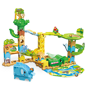 Kleurrijke knikkerbaan in jungle thema met krokodil, olifant en andere dieren