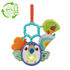 Ring met knuffeltje in de vorm van een toekan, knisperblaadjes en een bijtring vlinder