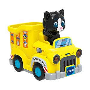 Gele speelgoedauto met een katje achter het stuur