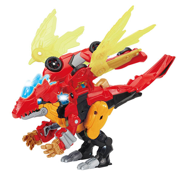 Speelgoed dinosaurus in het rood en geel met knipperend lichtje voor kinderen